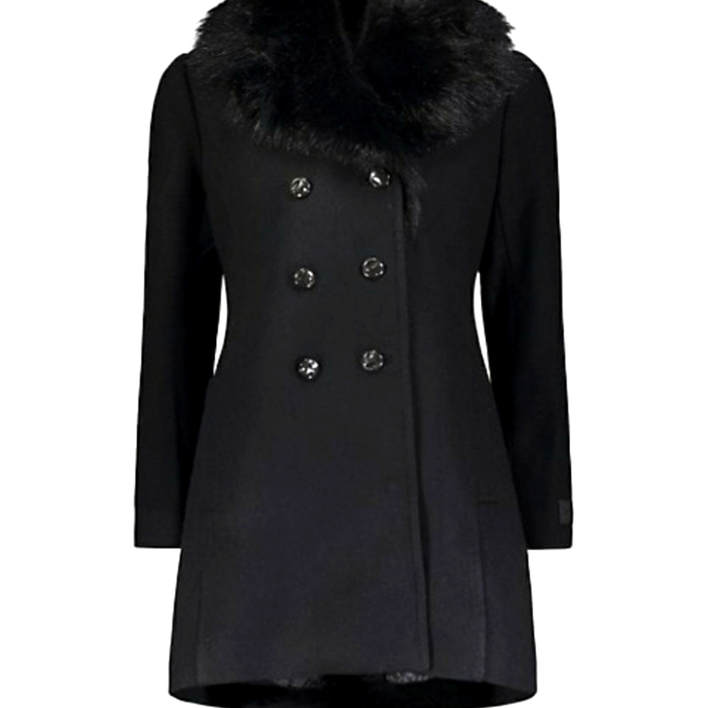 BLACK COAT 60% WOOL 30% POLYESTER 10% OTHERS.REAL FUR TRIM.